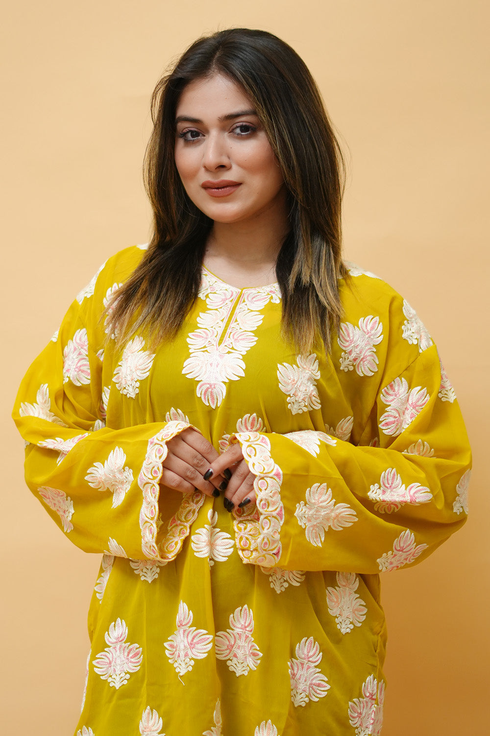 Yellow Colour Aari Work Neck Short Kashmiri Kurti