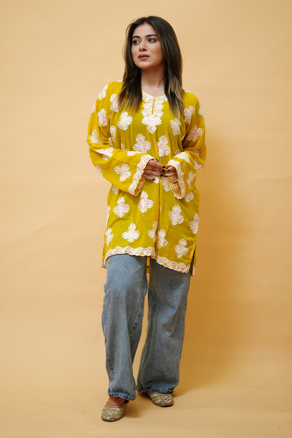 Yellow Colour Aari Work Neck Short Kashmiri Kurti