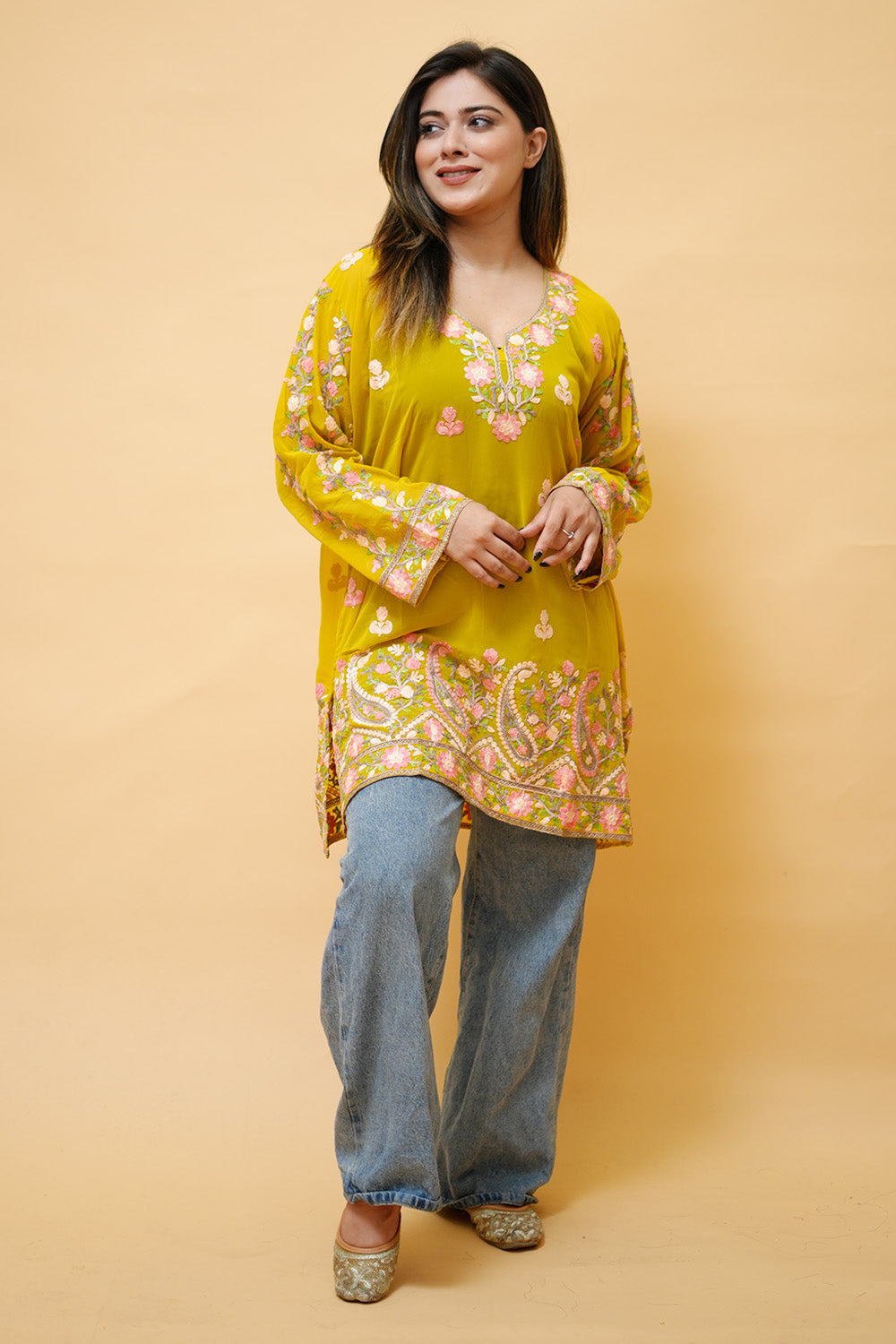 Yellow Colour Aari Work Neck Short Kashmiri Kurti