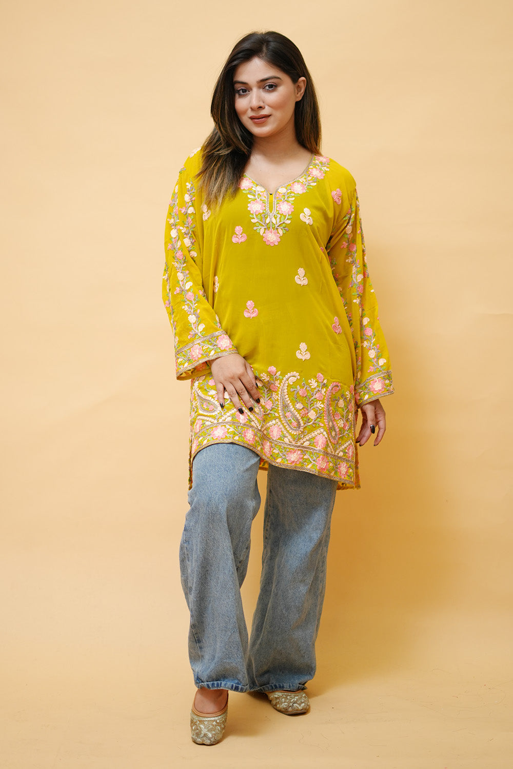 Yellow Colour Aari Work Neck Short Kashmiri Kurti