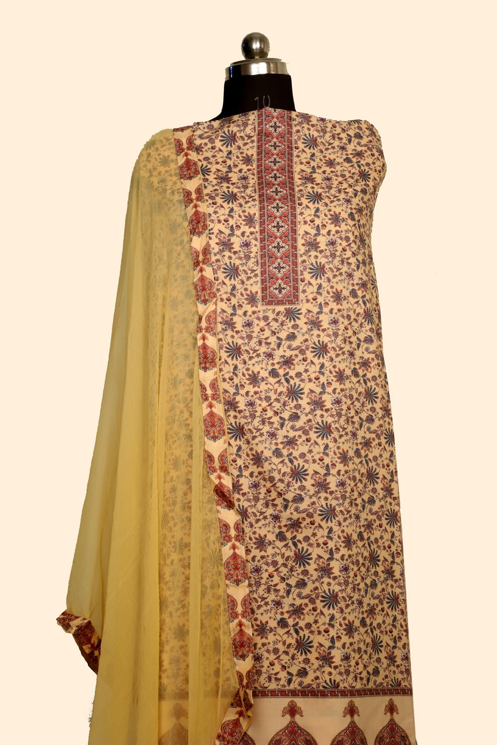 Yellow Colour Cotton Kani Printer Unstitched Suit Fabric