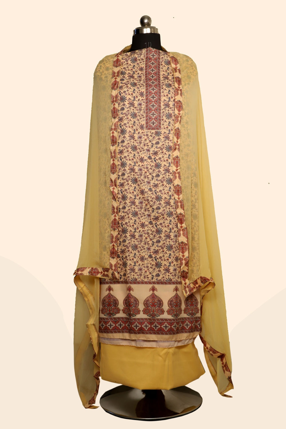 Yellow Colour Cotton Kani Printer Unstitched Suit Fabric