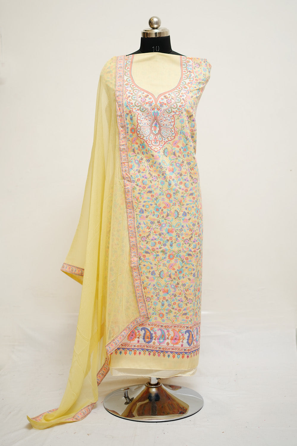 Yellow colour cotton pakistani style printed unstitched suit fabric