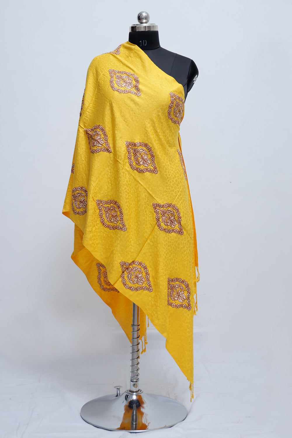 Yellow Colour Stole Enriched With Aari Embroidery