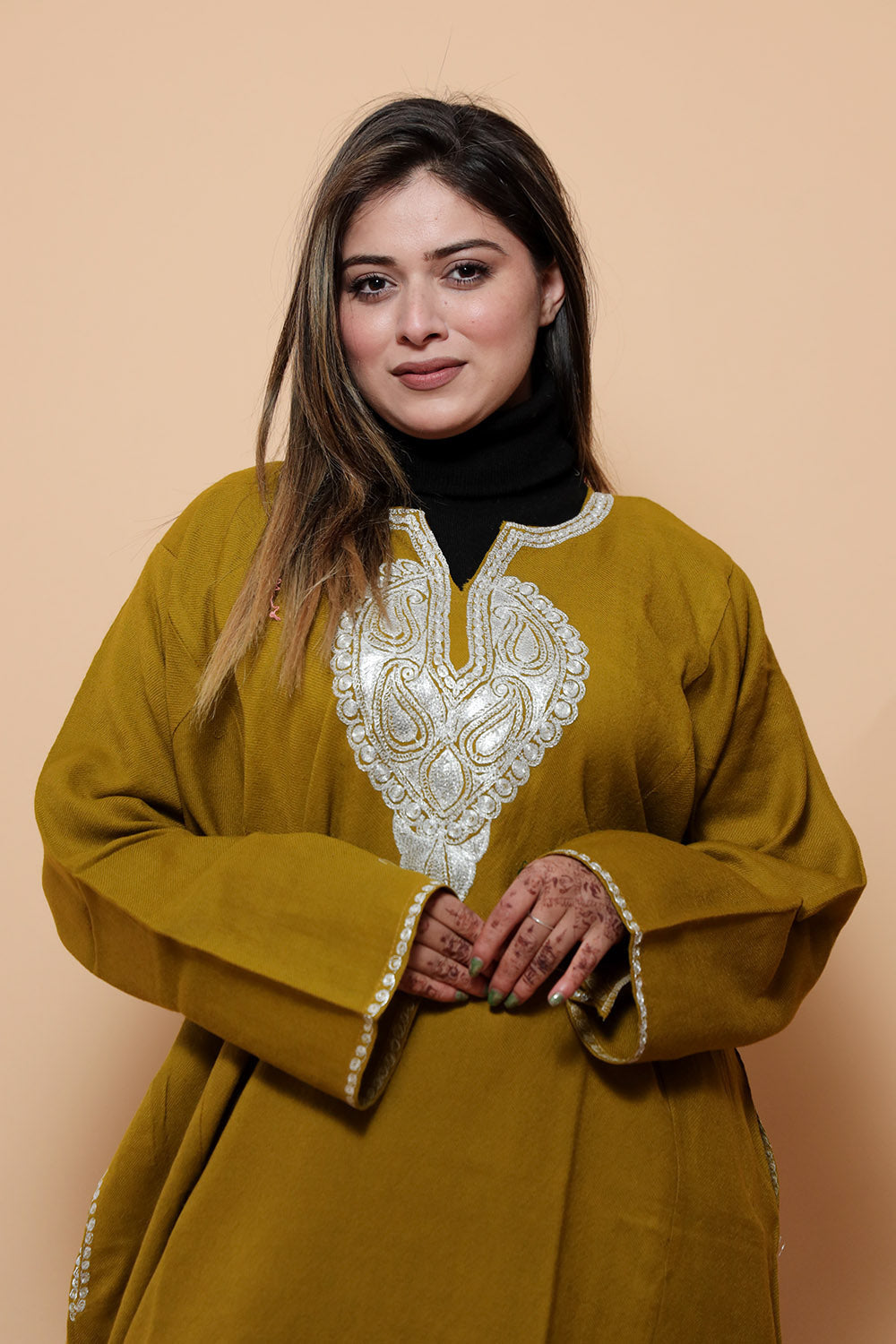 Yellow Mustard Color Kashmiri Work Embroidered Phiran