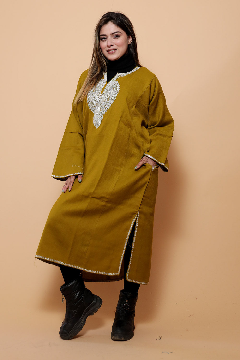 Yellow Mustard Color Kashmiri Work Embroidered Phiran