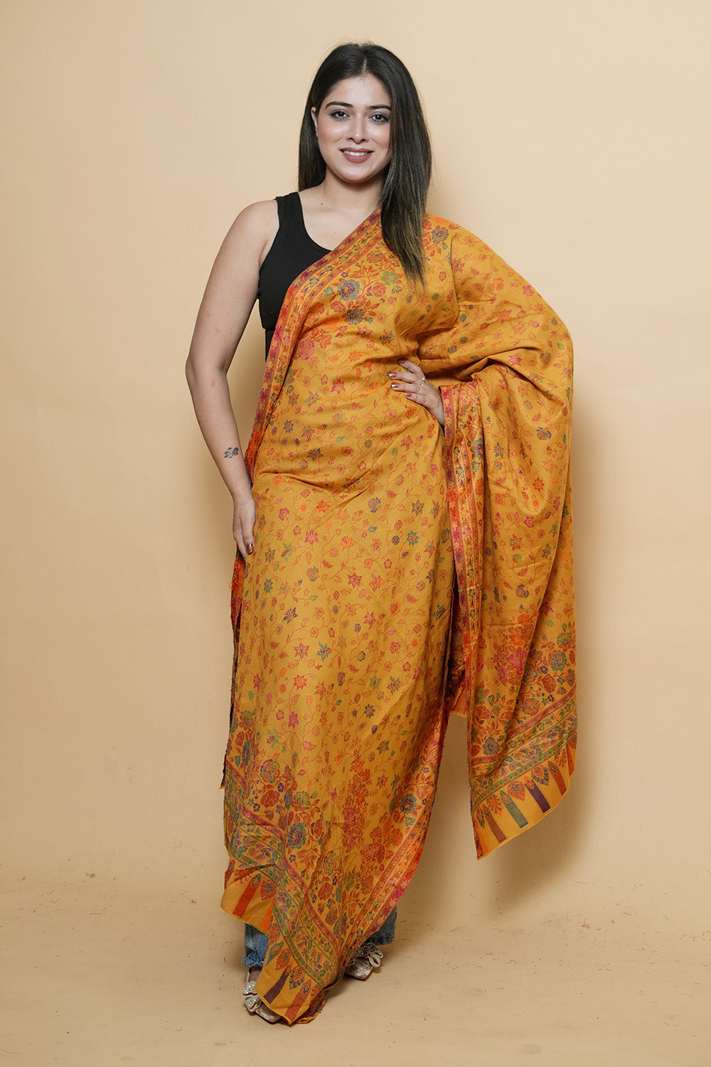 Yellow Mustard Colour Beautiful Kani Border And AllOver