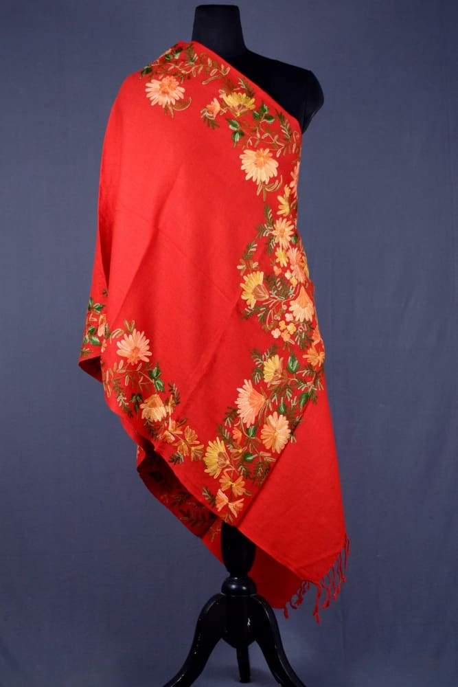 Aari Embroidered Semi Pashmina Stole In Traditional Red