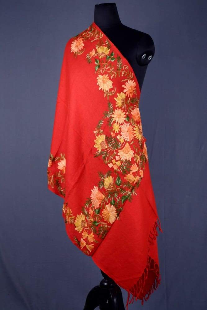 Aari Embroidered Semi Pashmina Stole In Traditional Red