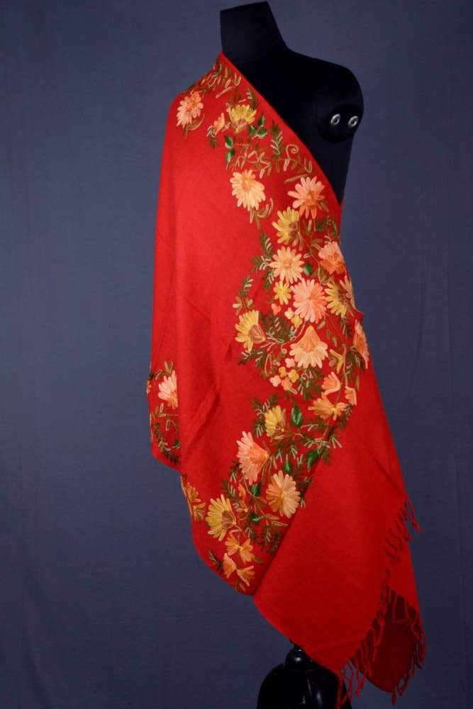Aari Embroidered Semi Pashmina Stole In Traditional Red