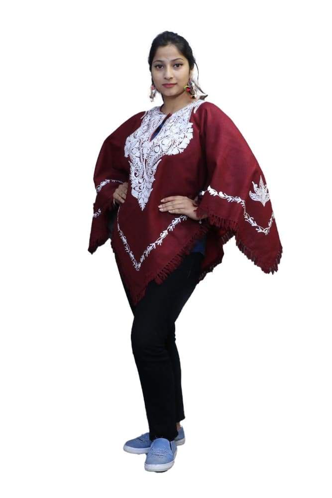Abondon Maroon Kashmiri Aari Work Embroidered Poncho