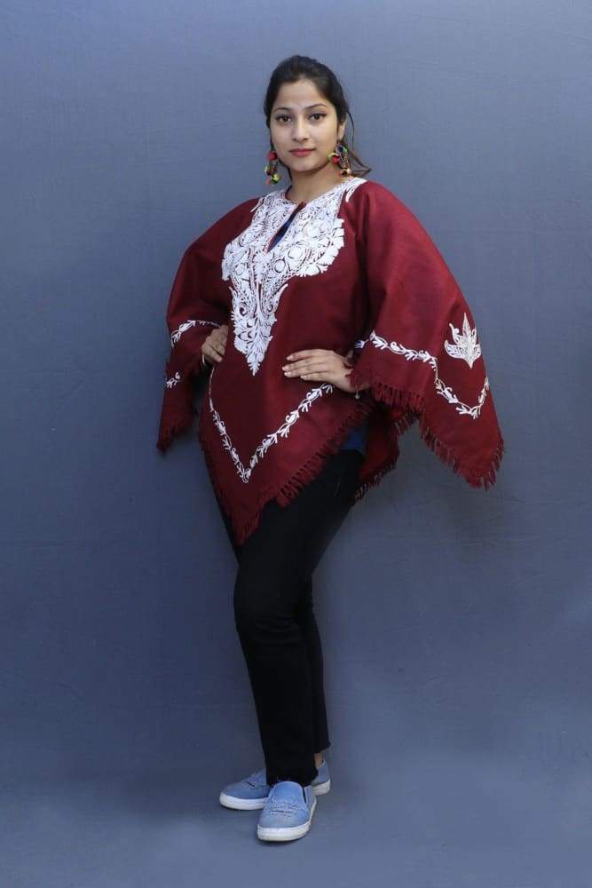 Abondon Maroon Kashmiri Aari Work Embroidered Poncho