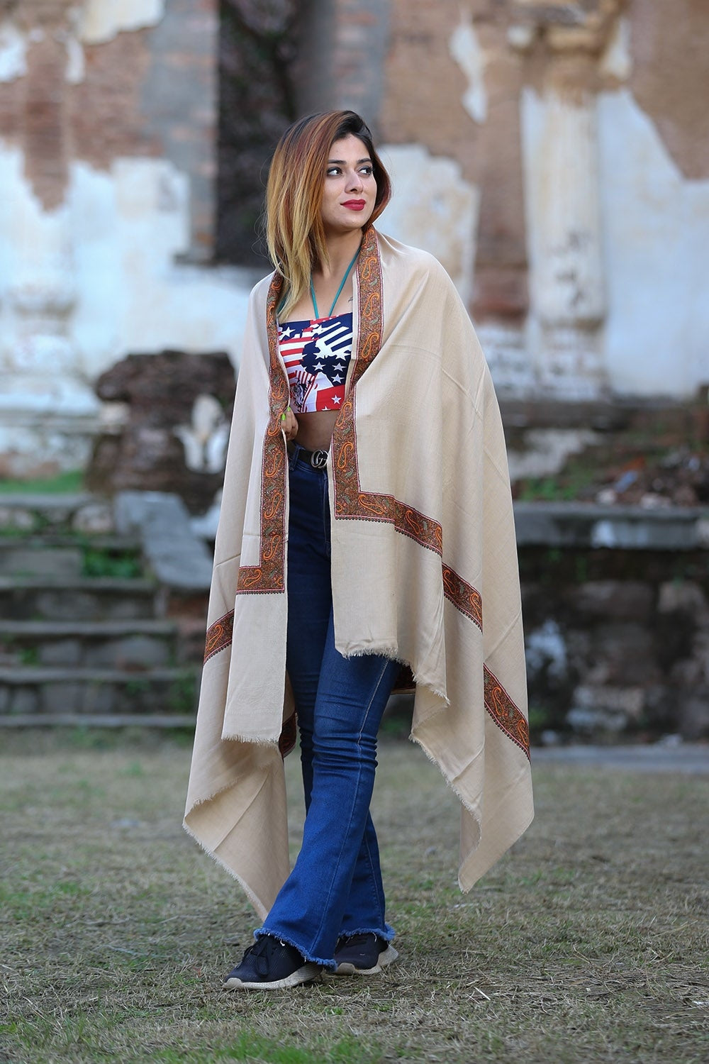 Accrue Beige Colour Semi Pashmina Sozni Shawl