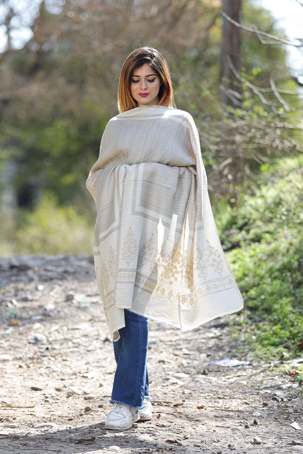 ACRUE BEIGE COLOUR ZARI KASHMIRI SHAWL DEFINES ROYAL