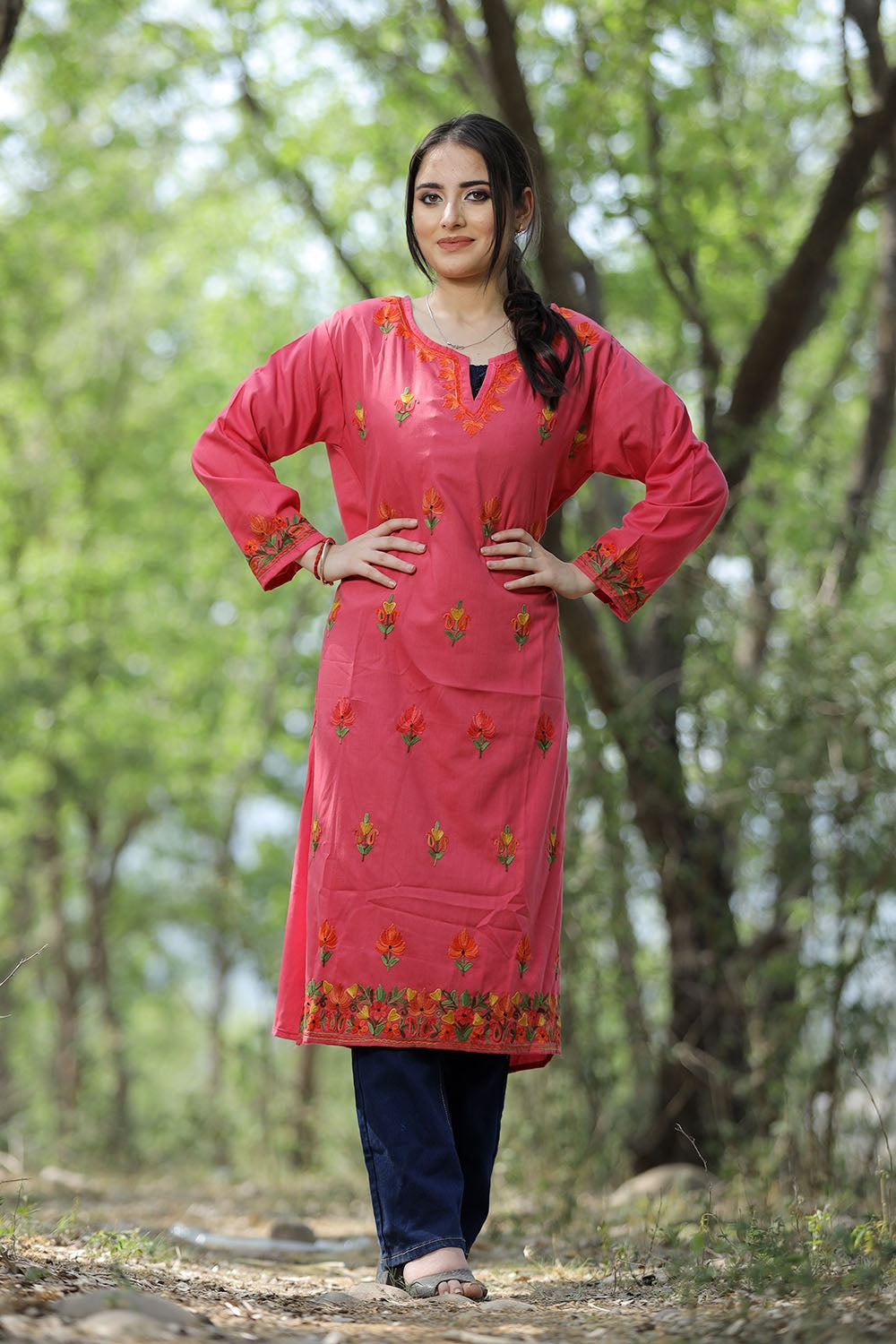 Alluring Candy Pink Colour Cotton Kurti With Kashmiri