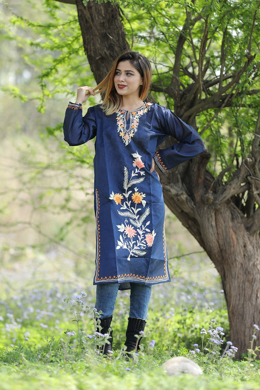 Alluring Navy Blue Colour Rayon Silk Kurti With Beautiful