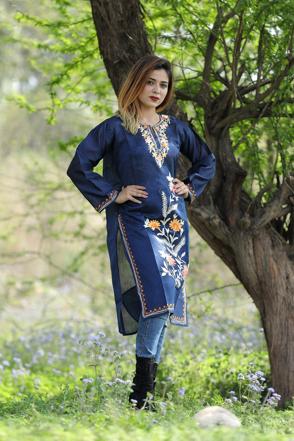 Alluring Navy Blue Colour Rayon Silk Kurti With Beautiful