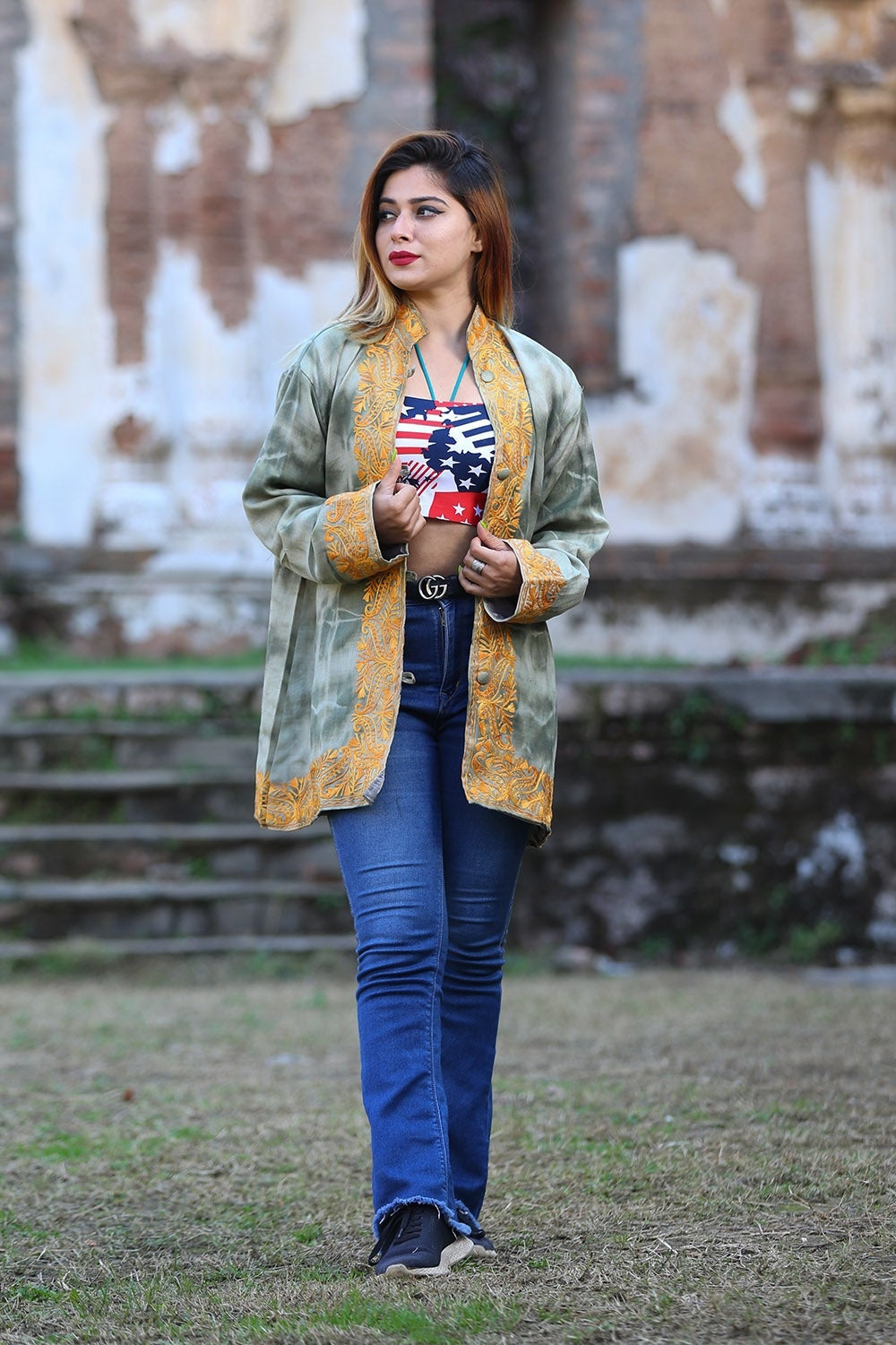 Alluring Olive Green Colour Kashmiri Aari Work Embroidered