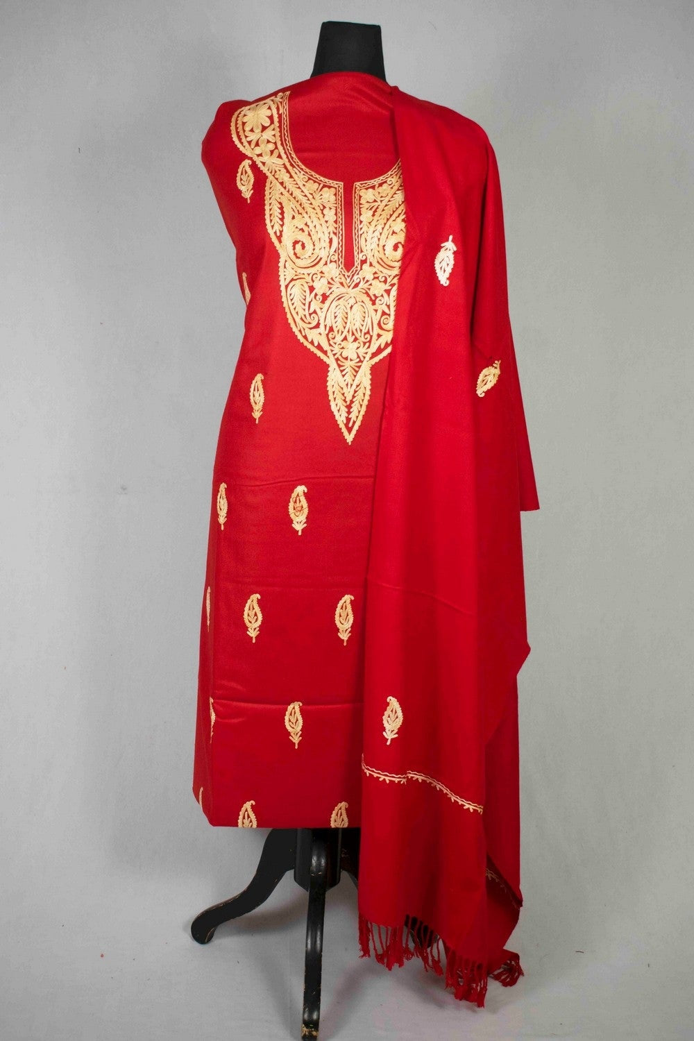 Alluring Red Color Kashmiri Aari Work Heavy Neck