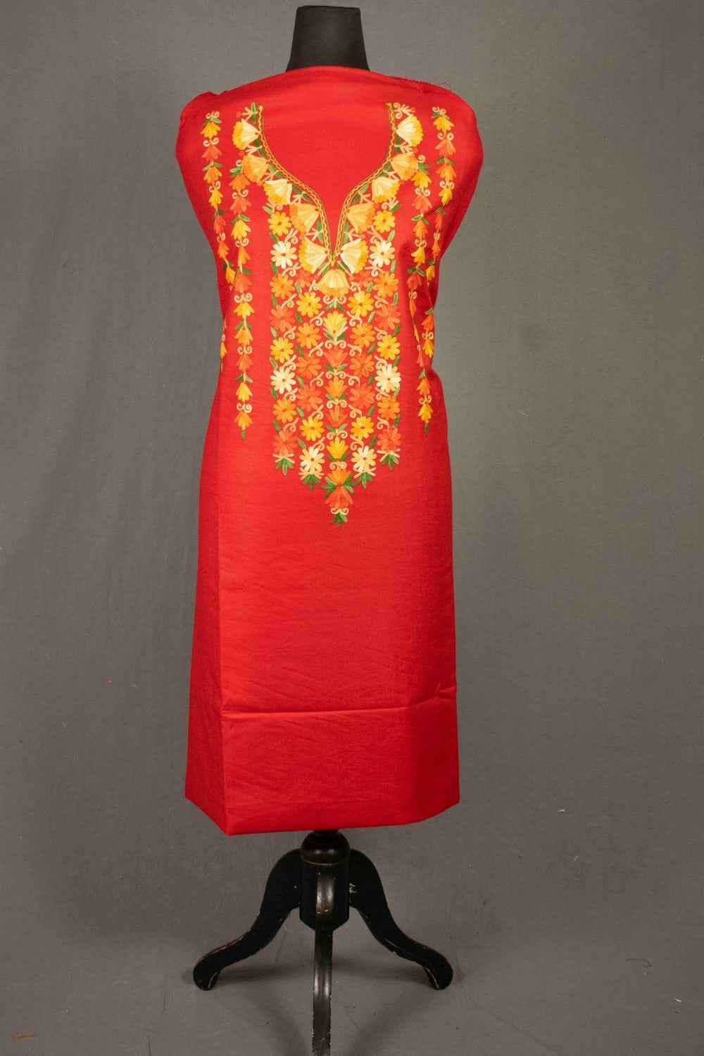 Alluring Red Color Kashmiri Aari Work Unstitched Stole Suit