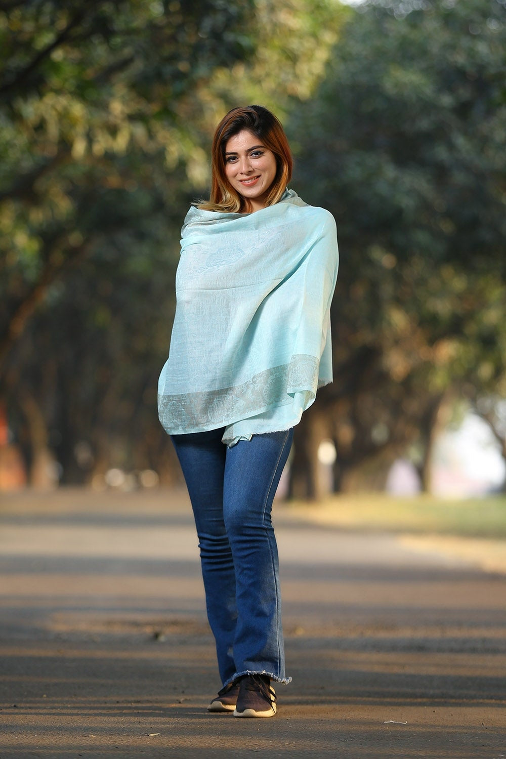 ALLURING SKY BLUE COLOUR KASHMIRI STOLE DEFINES FEMINISM