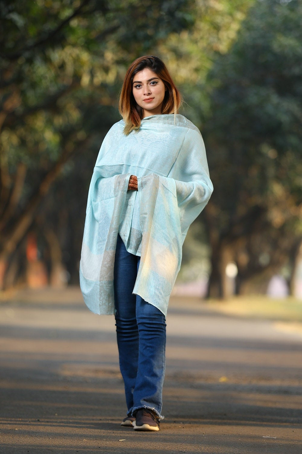 ALLURING SKY BLUE COLOUR KASHMIRI STOLE DEFINES FEMINISM