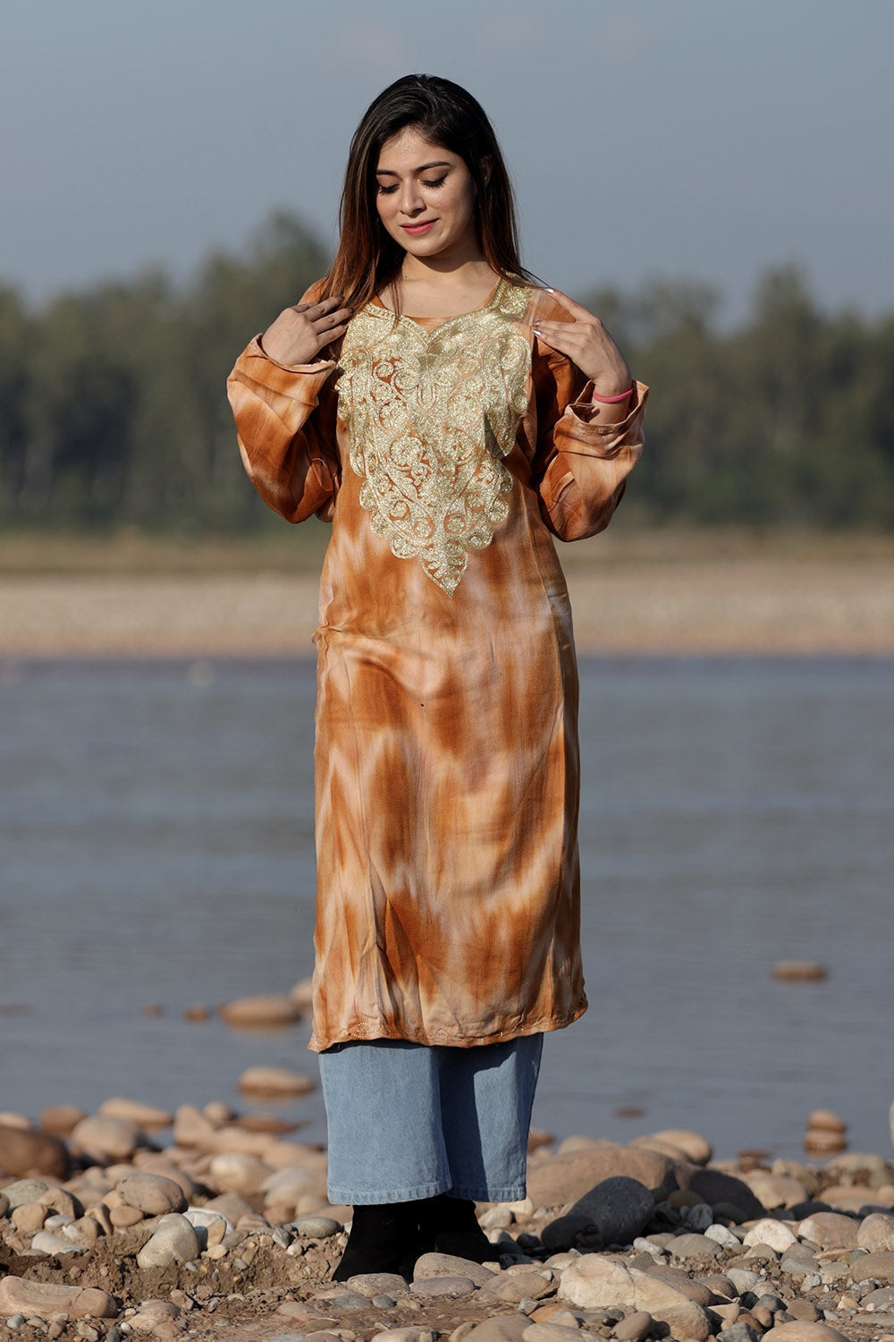 ALLURING TEMPTING BROWN COLOUR TIE DYE Aari Tilla Work