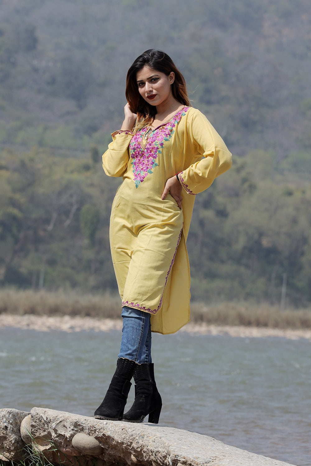 Alluring Yellow Colour Cotton Kurti With Beautiful Aari