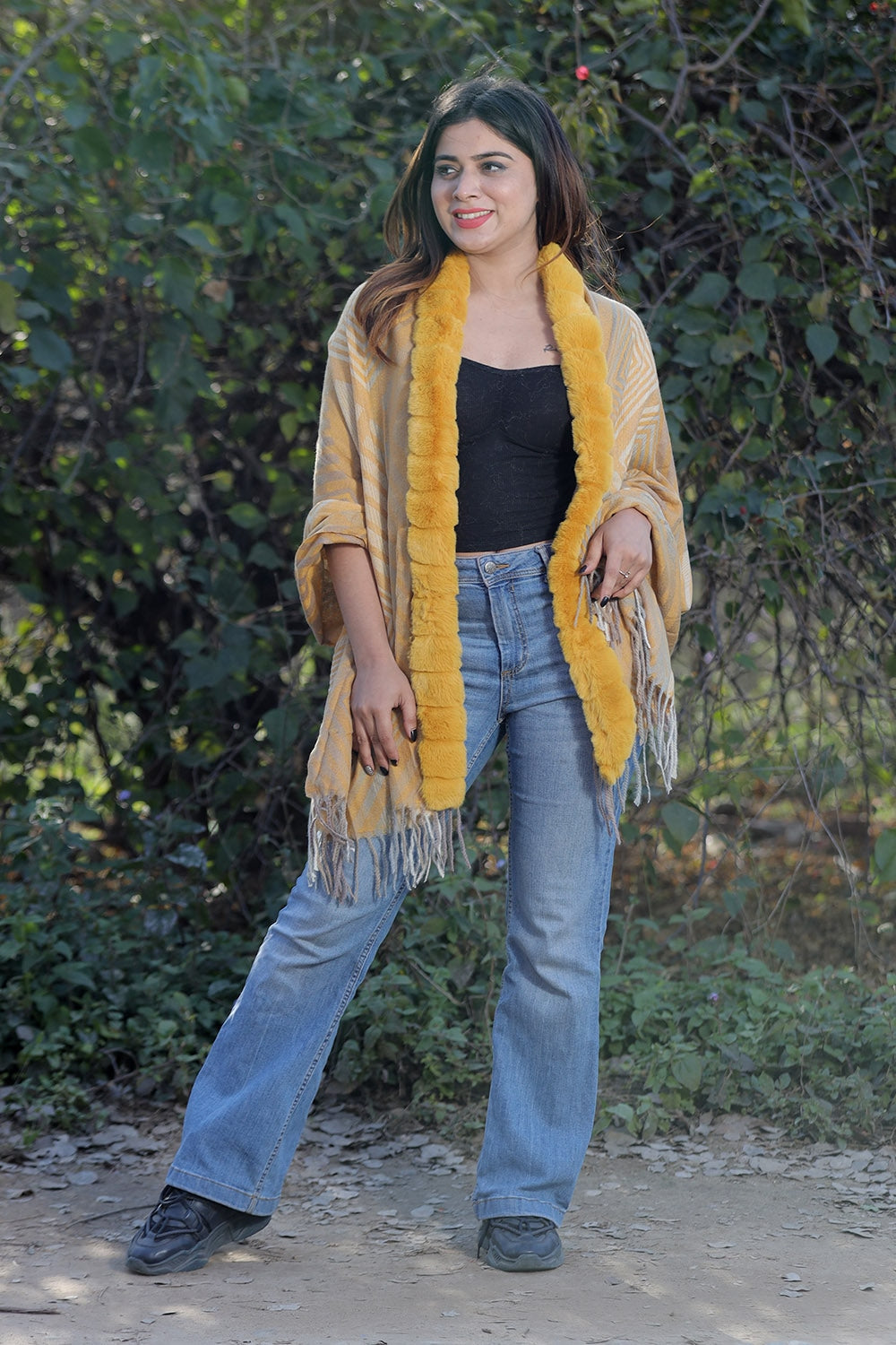 Alluring Yellow Colour Woollen Cashmere Faux Fur Cape Stole.