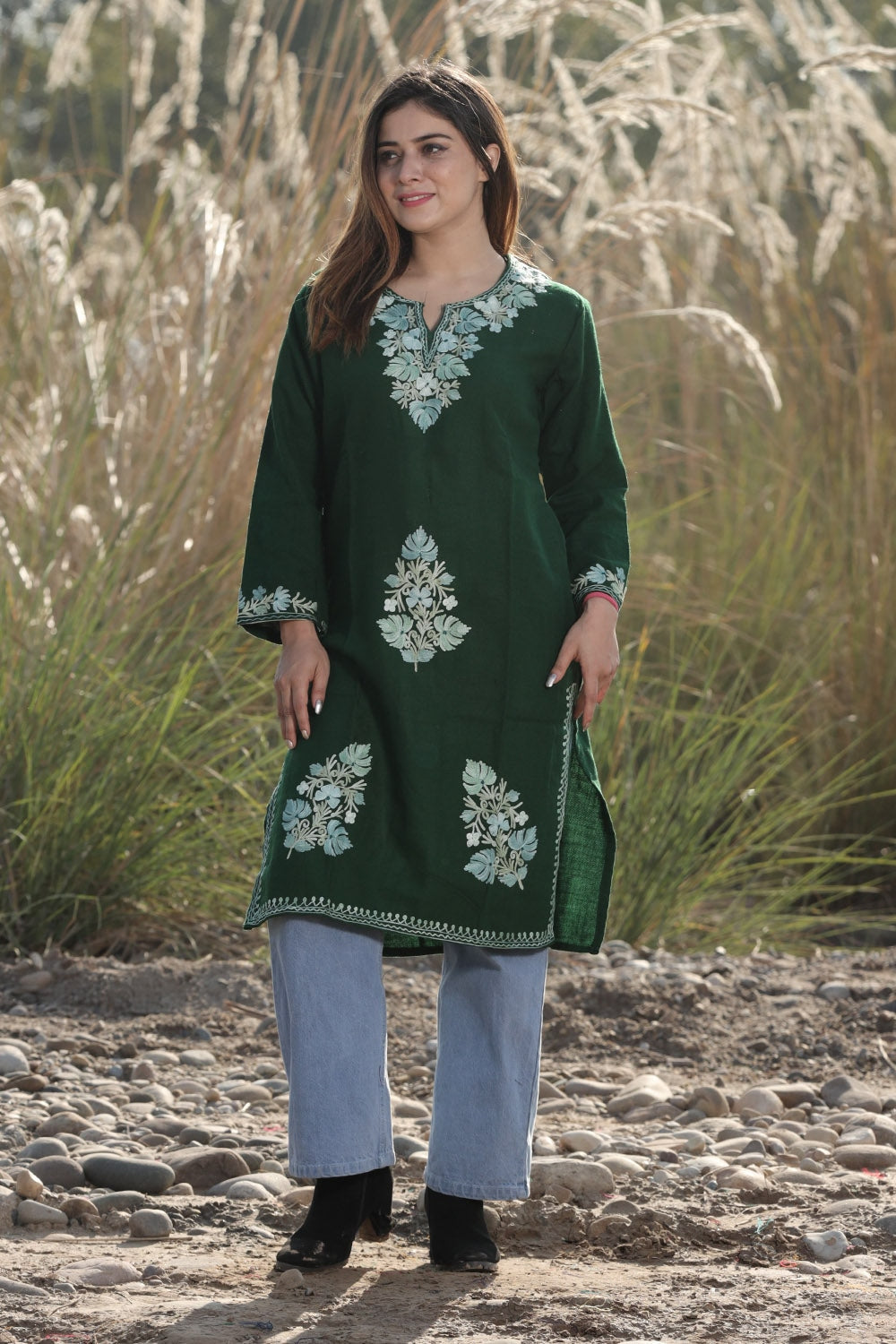 Amazing bottle green colour aari work embroidered kurti with new