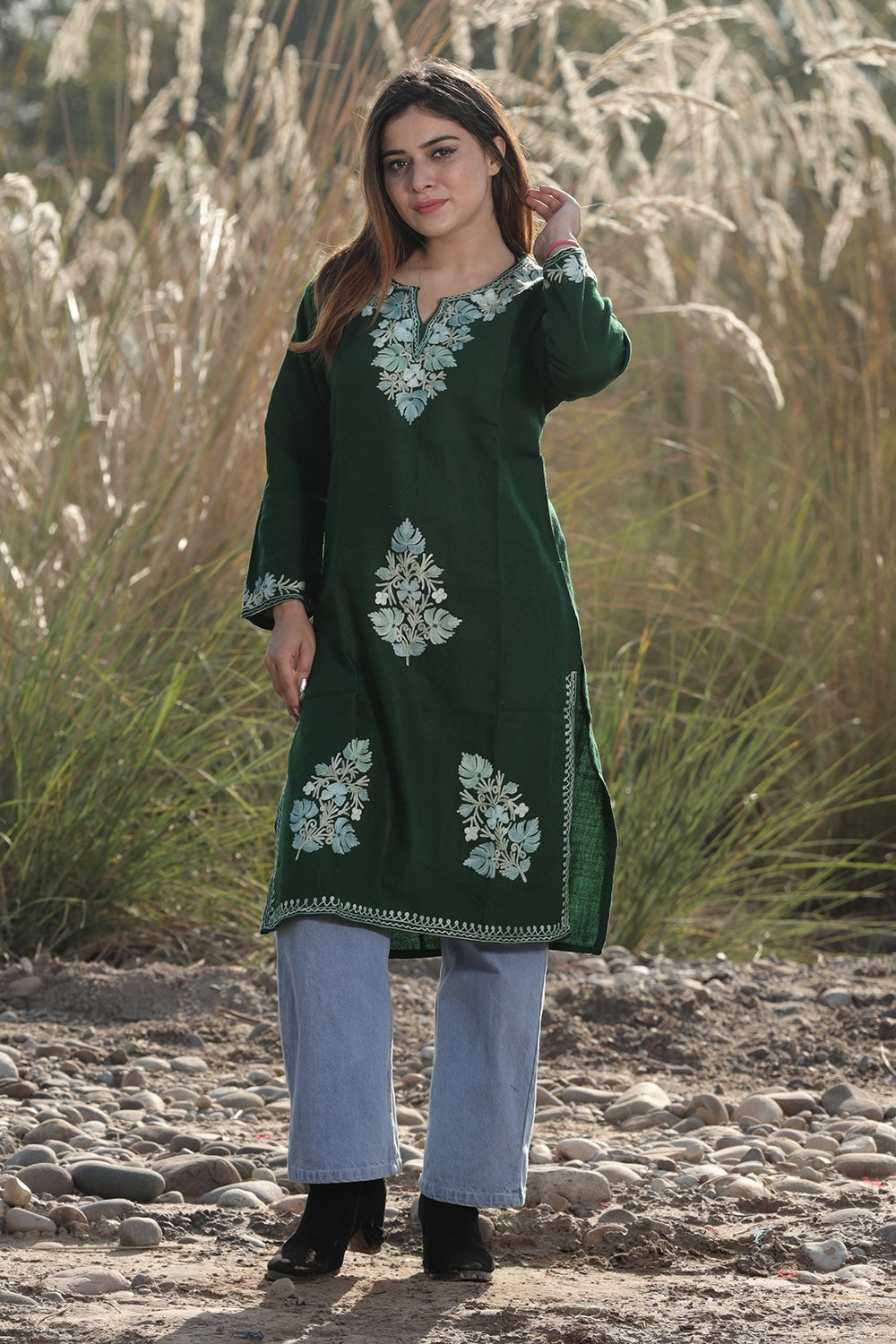 AMAZING BOTTLE GREEN COLOUR AARI WORK EMBROIDERED KURTI