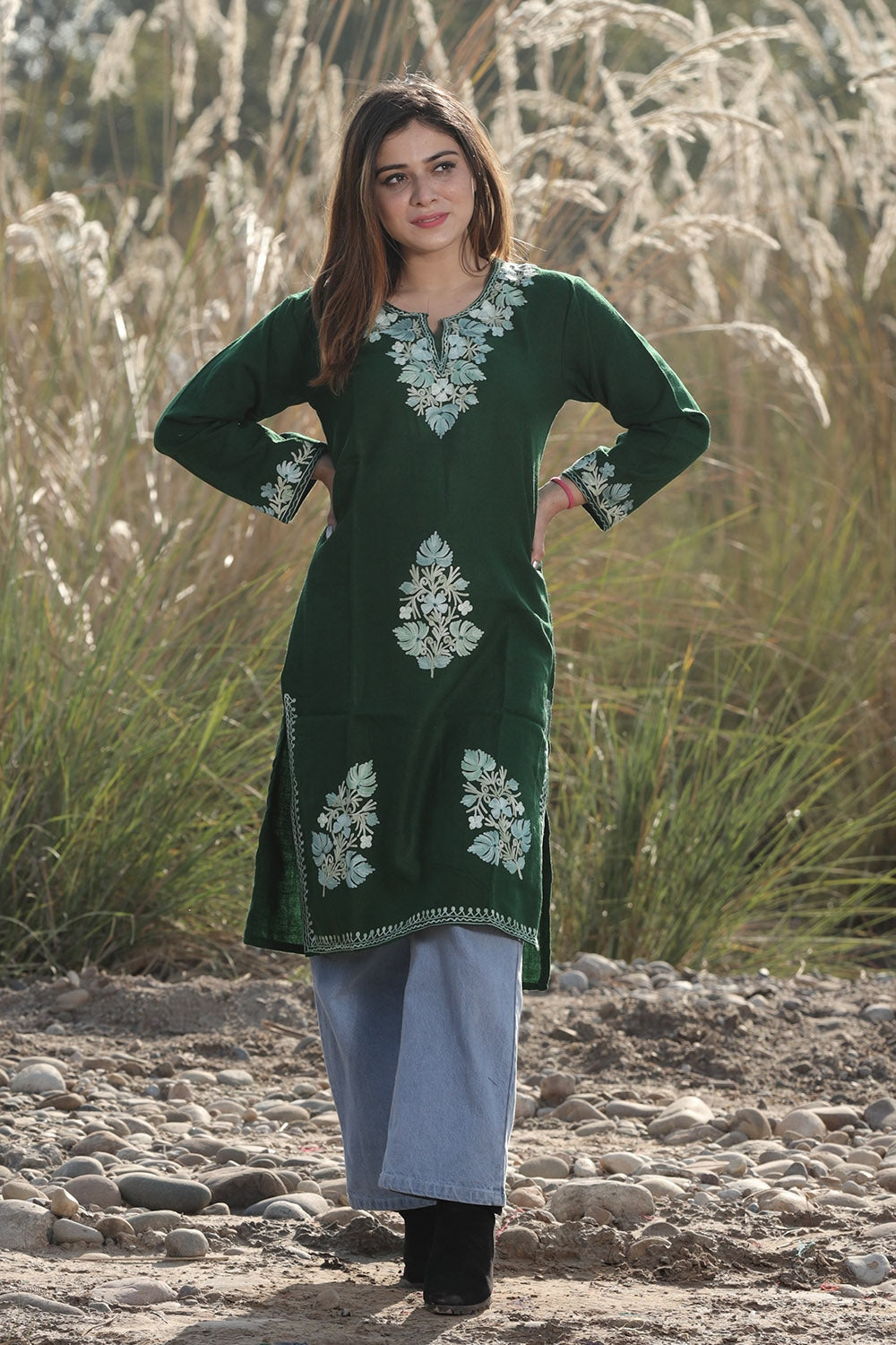 AMAZING BOTTLE GREEN COLOUR AARI WORK EMBROIDERED KURTI