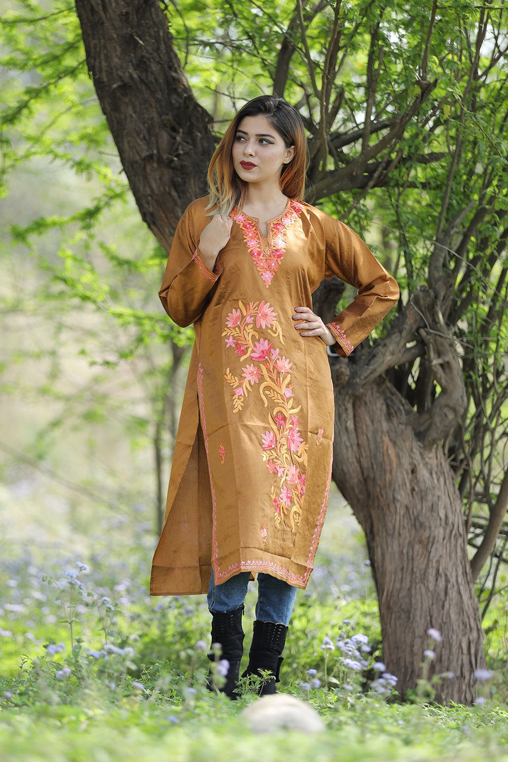 Amazing Bronze Colour Rayon Silk Kurti With Beautiful Aari