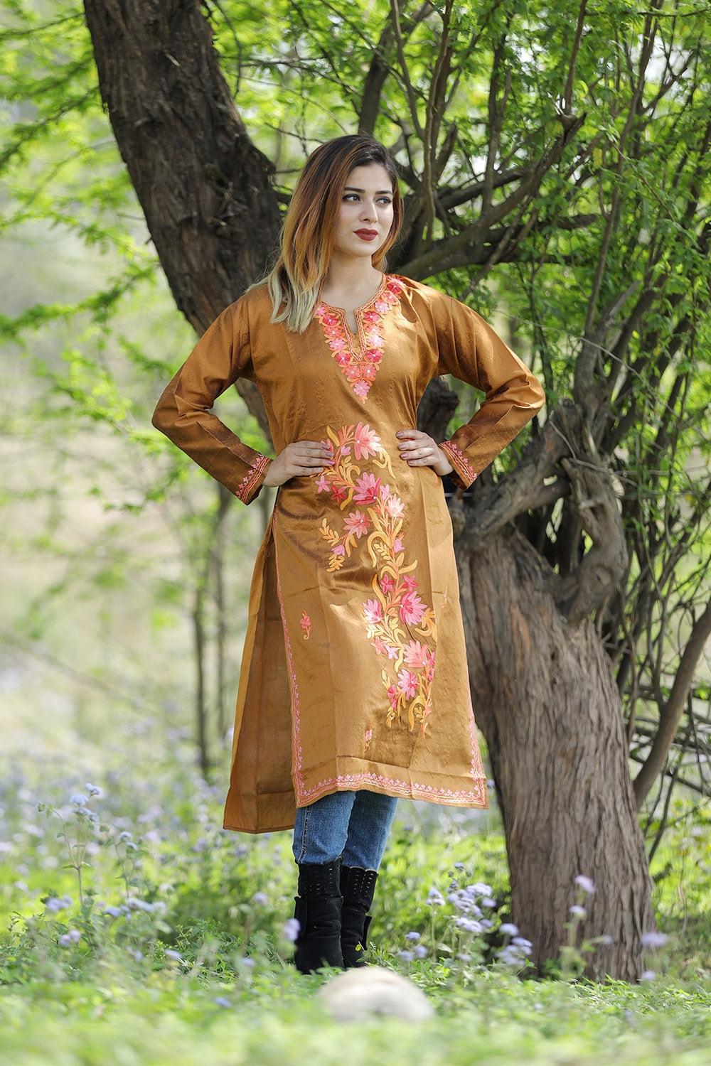 Amazing Bronze Colour Rayon Silk Kurti With Beautiful Aari