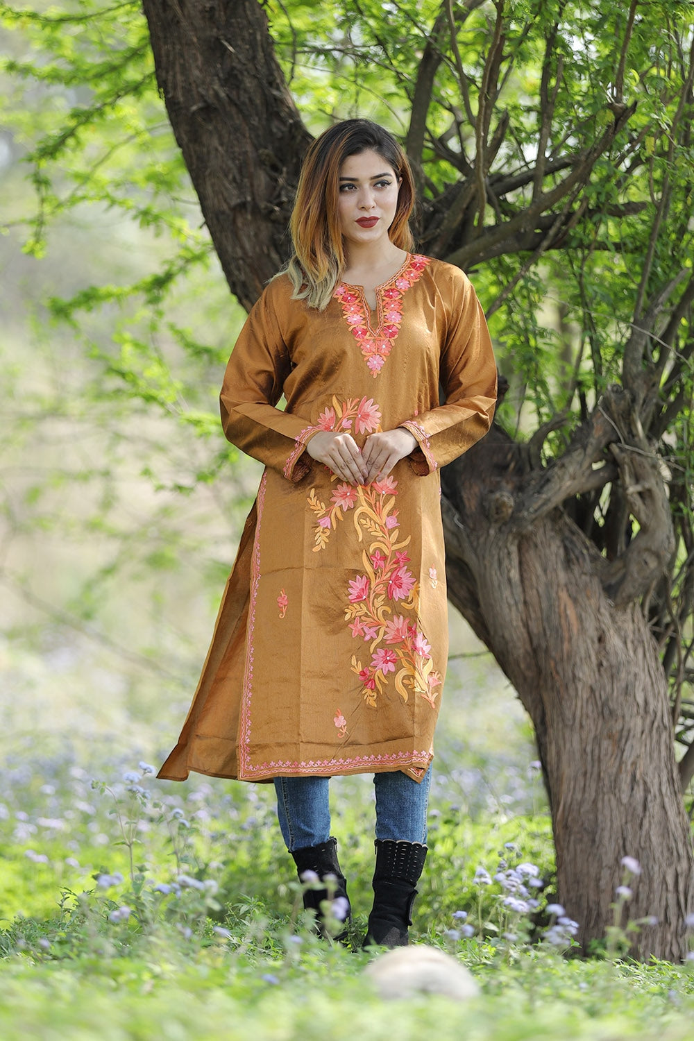Amazing Bronze Colour Rayon Silk Kurti With Beautiful Aari