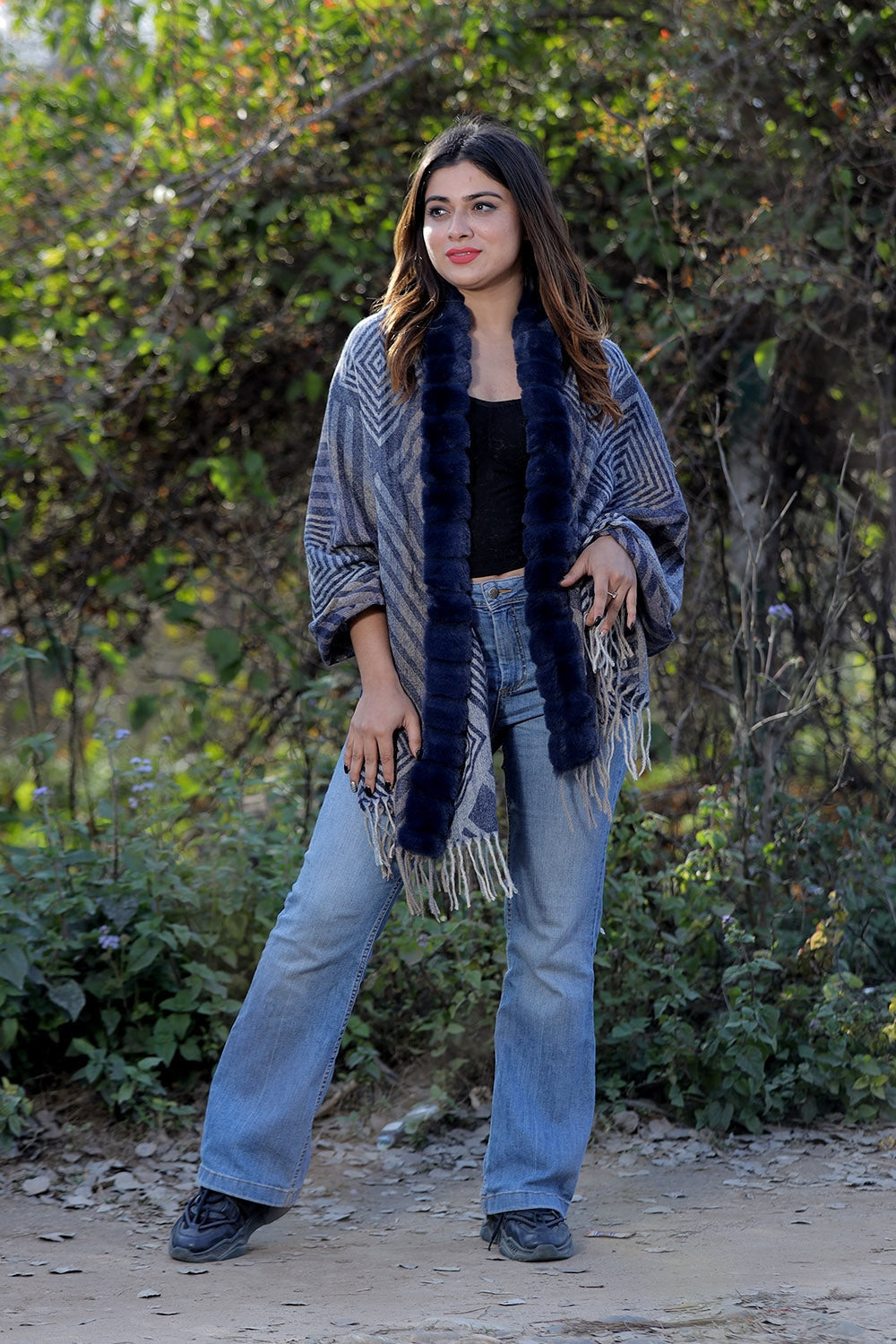 Amazing Navy Blue Colour Woollen Cashmere Faux Fur Cape