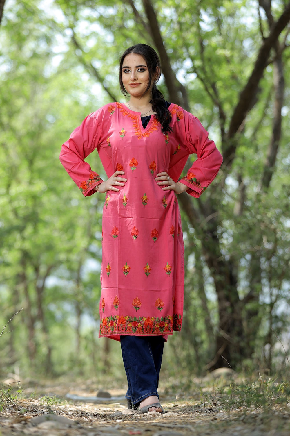 Amazing Pink Colour Cotton Kurti With Kashmiri Motifs