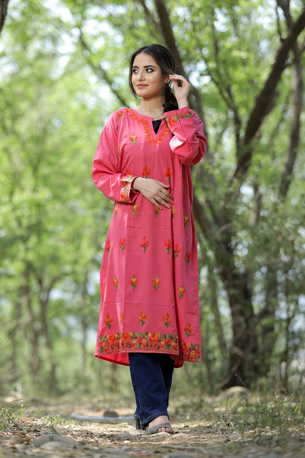 Amazing Pink Colour Cotton Kurti With Kashmiri Motifs