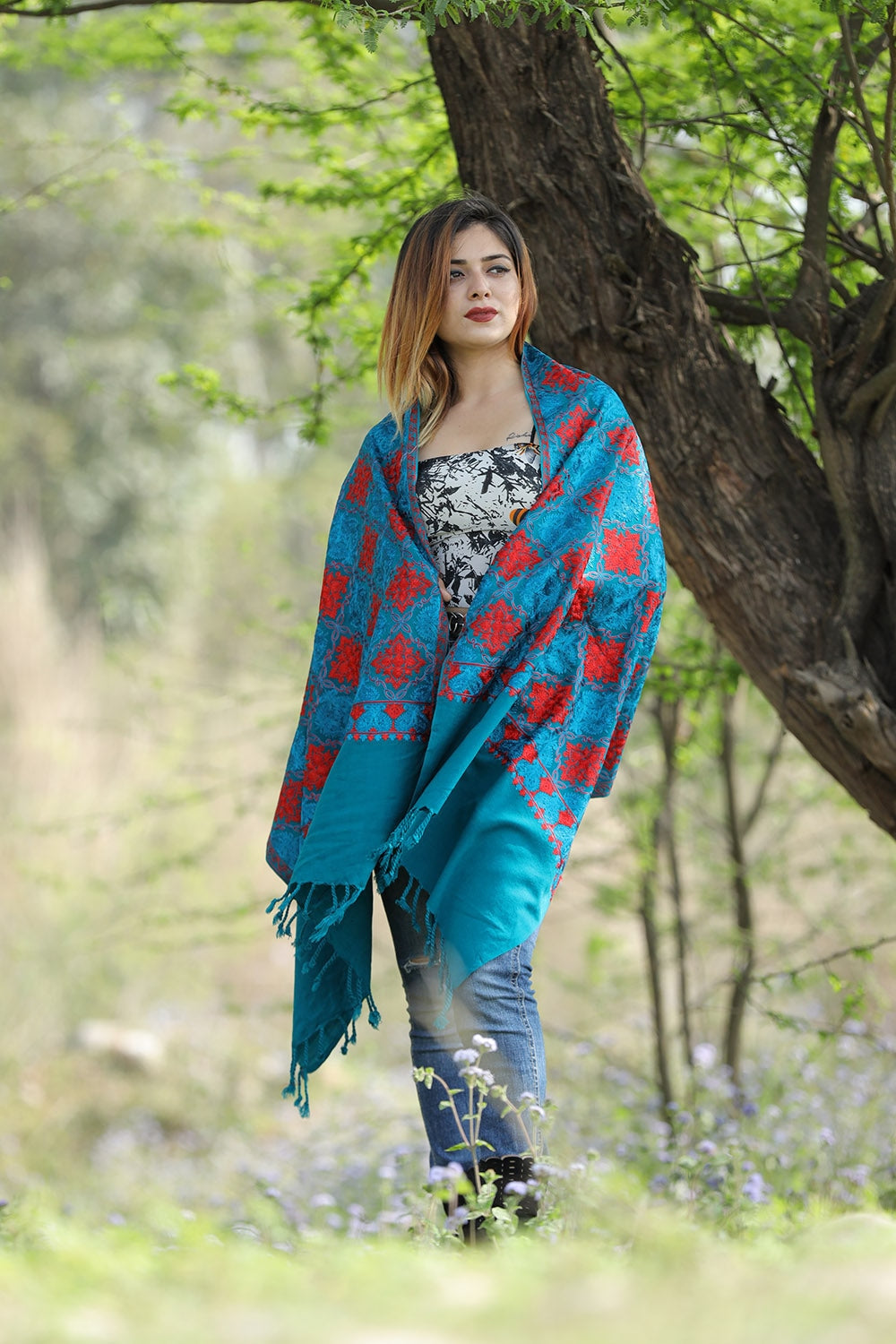 Amazing Turquoise Blue/Green Colour Stole With Graceful