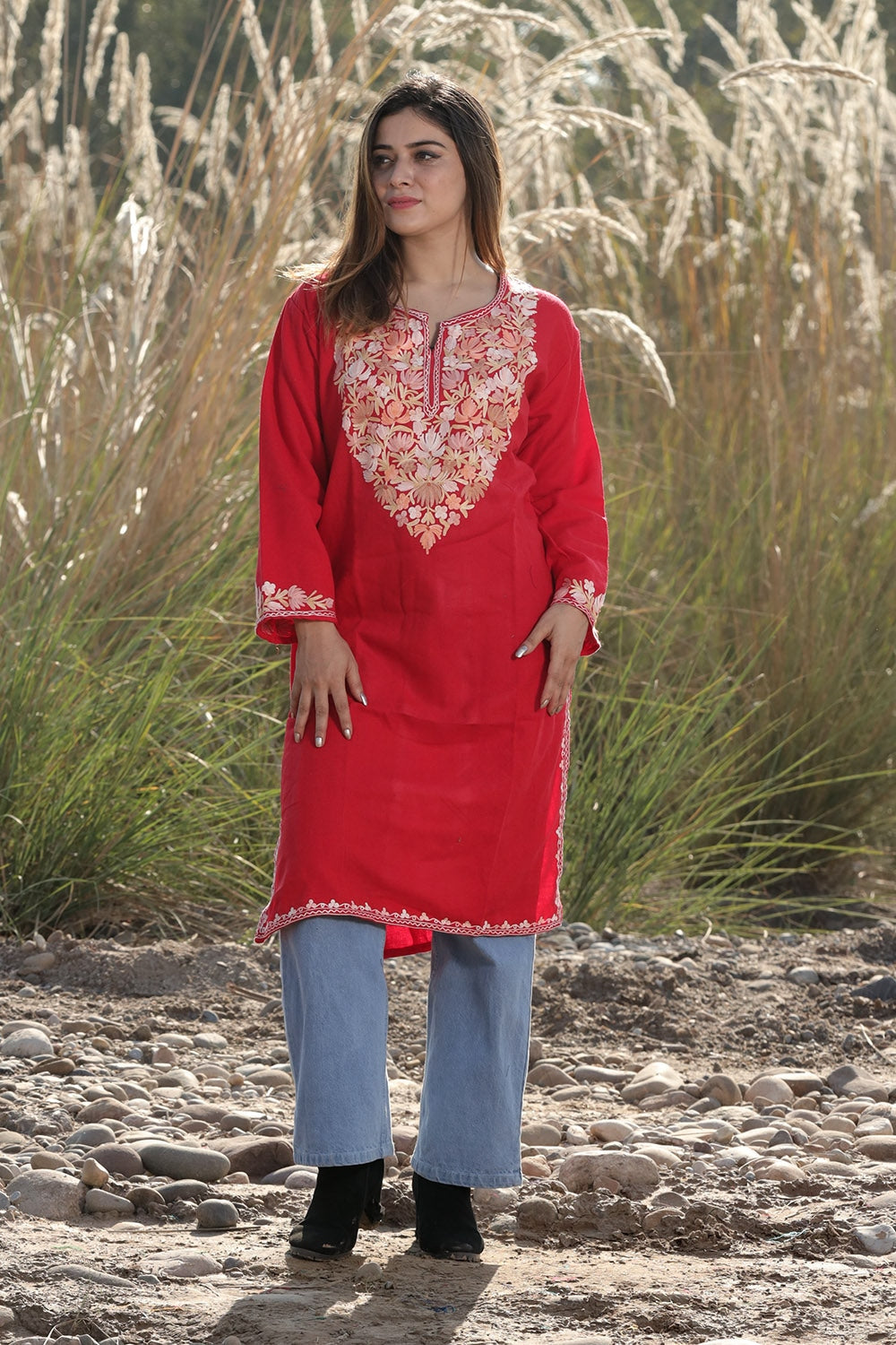 ATTRACTIVE CRIMSON RED COLOUR AARI WORK EMBROIDERED KURTI