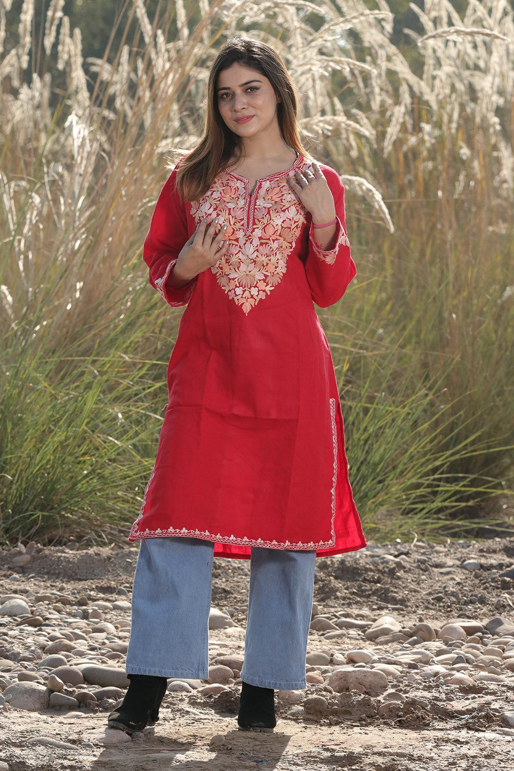 ATTRACTIVE CRIMSON RED COLOUR AARI WORK EMBROIDERED KURTI