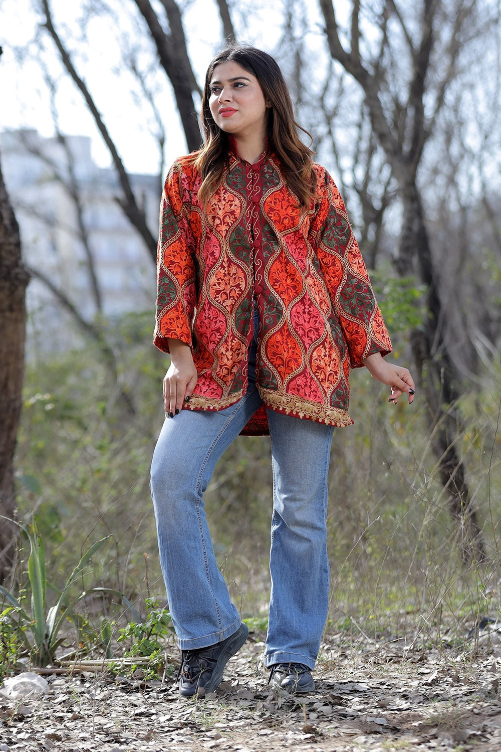 Attractive Maroon Multicolour Aari Work Embroidered Jacket