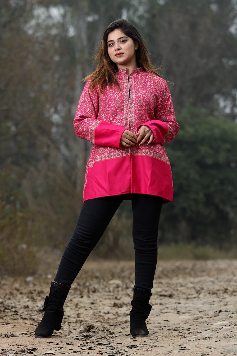 Attractive Pink Colour Jamawar Woven Jacket With Beautiful