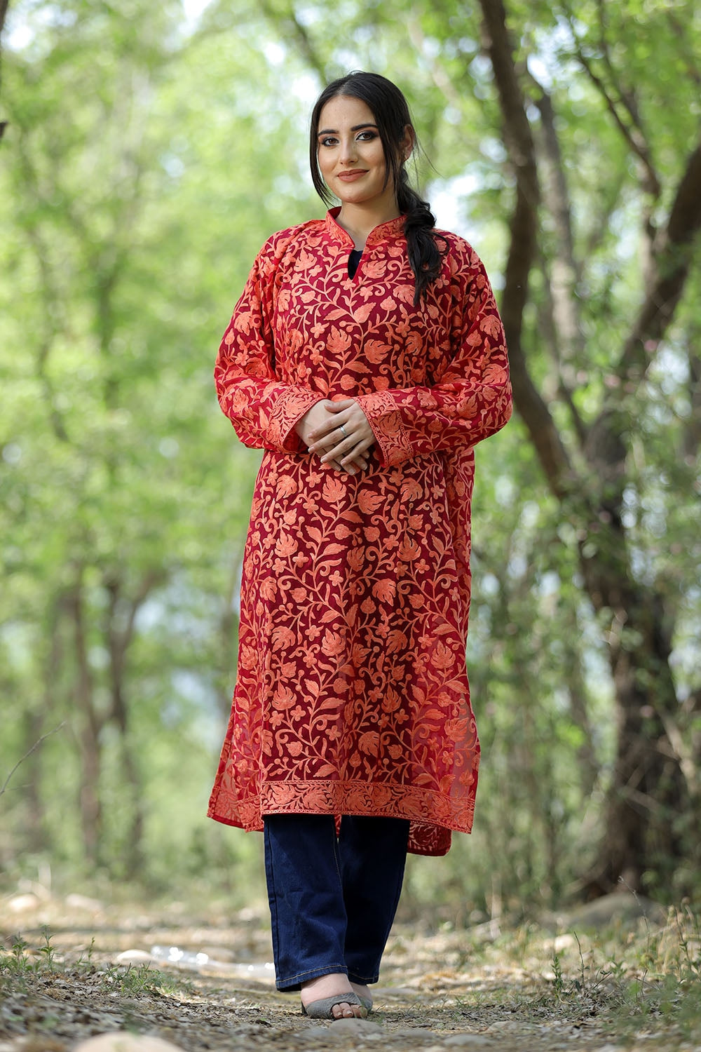 Attractive Red Colour Kashmiri Embroidered Georgette Kurti