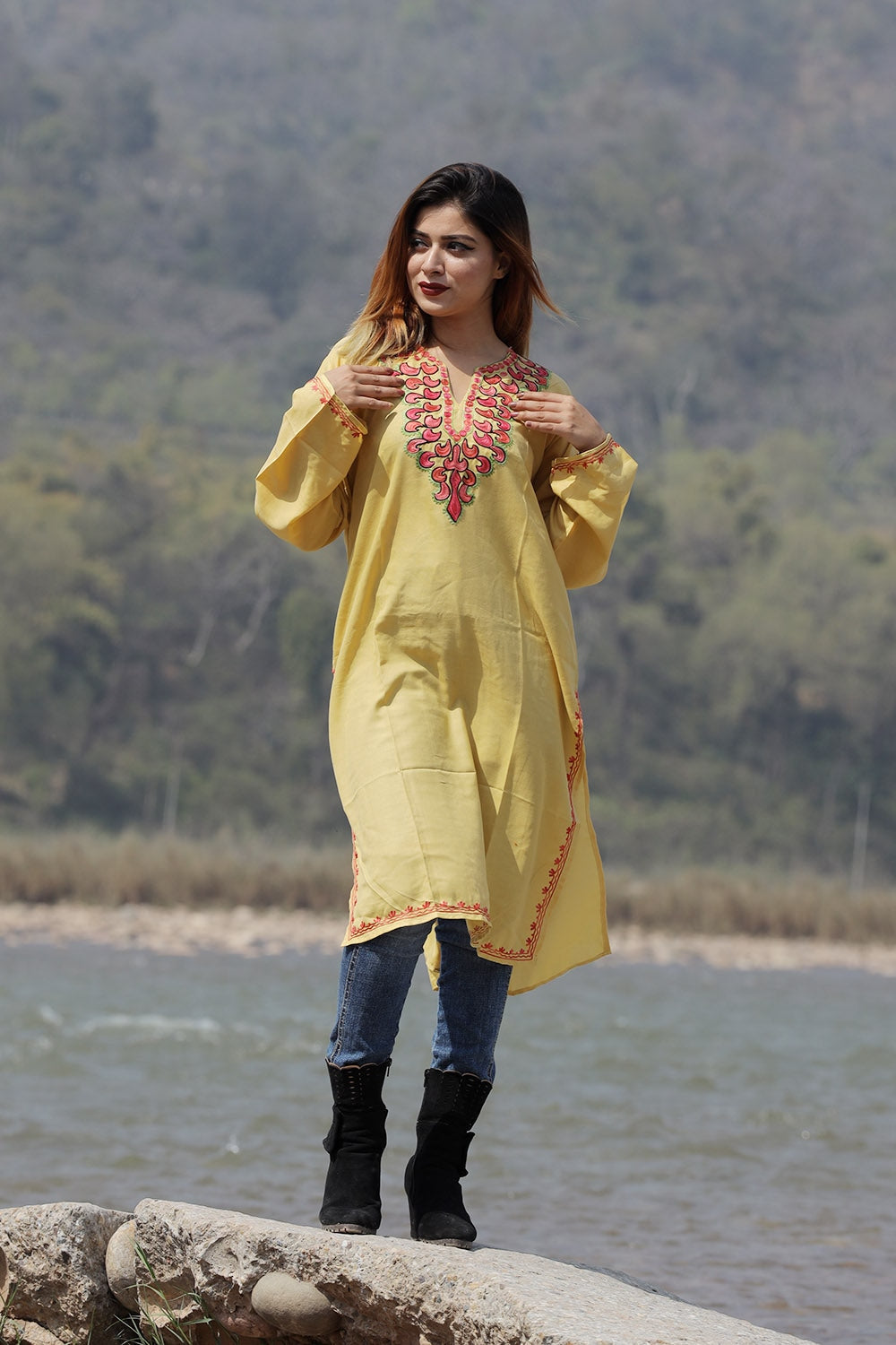 Attractive Yellow Colour Cotton Kurti With Beautiful Aari