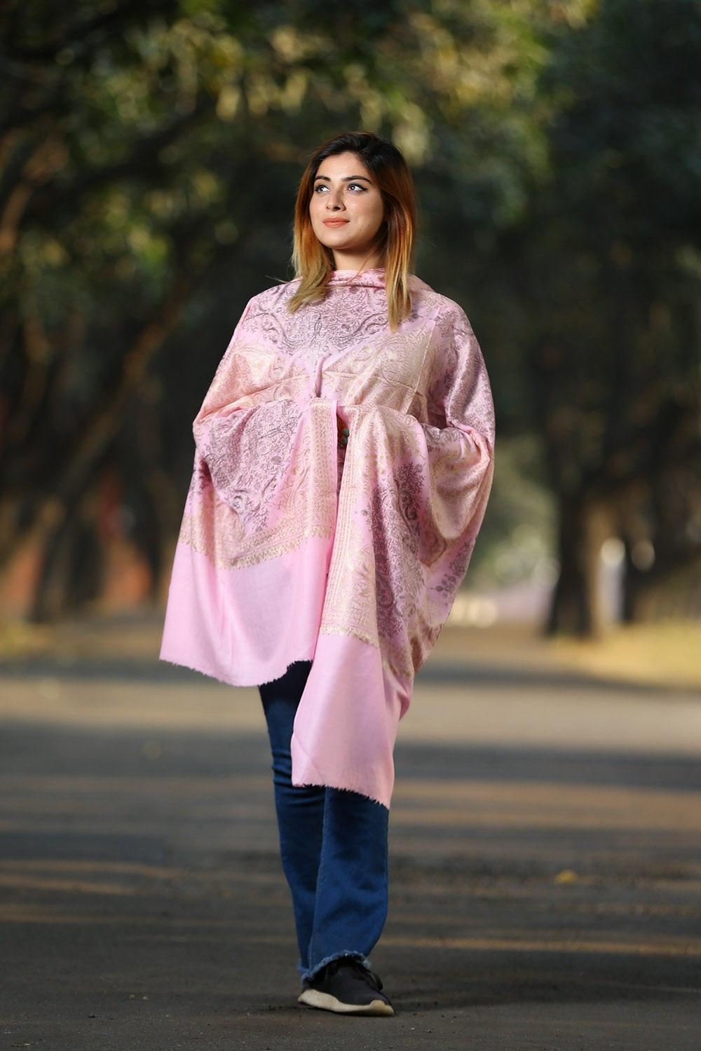 BABY PINK COLOUR EMBROIDERED KASHMIRI STOLE KEEPS CALM