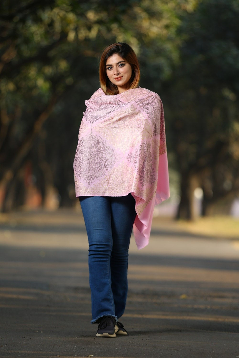 BABY PINK COLOUR EMBROIDERED KASHMIRI STOLE KEEPS CALM