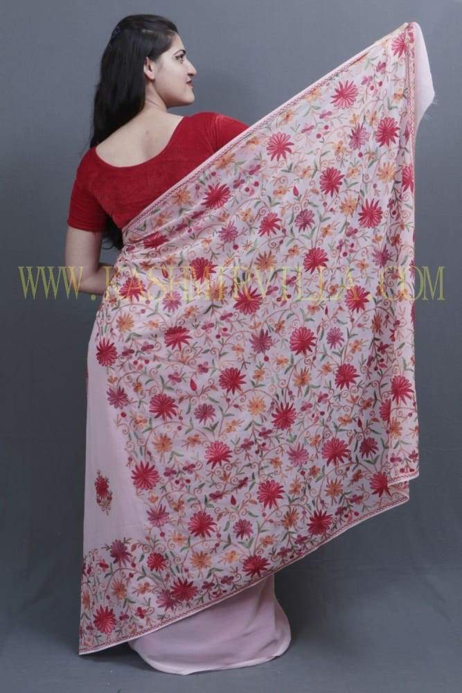 Baby Pink Colour Saree With Dense Aari Jaal On Pallu