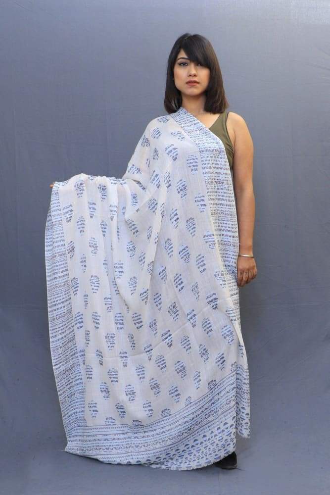 On The Base Of White Colour With Blue Kani Borders And All