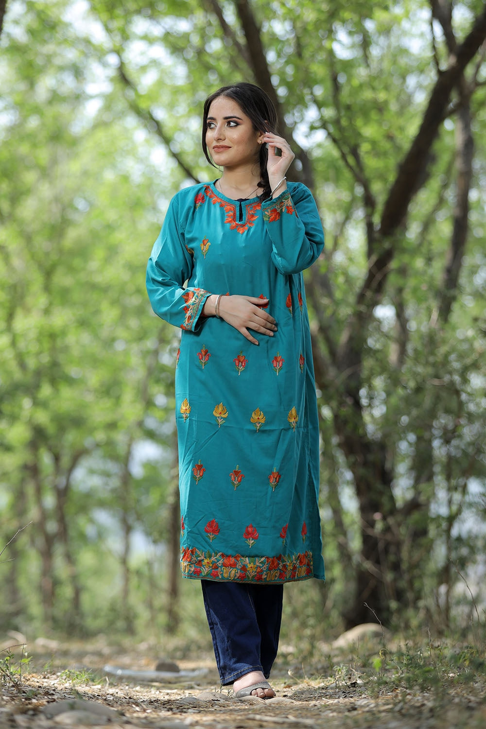 Beautiful Aqua Green Colour Cotton Kurti With Kashmiri
